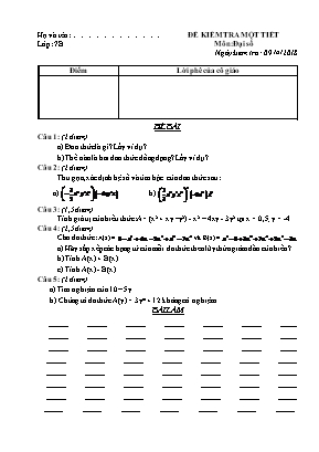 Bộ đề kiểm tra một tiết môn Đại số Lớp 7 - Năm học 2017-2018